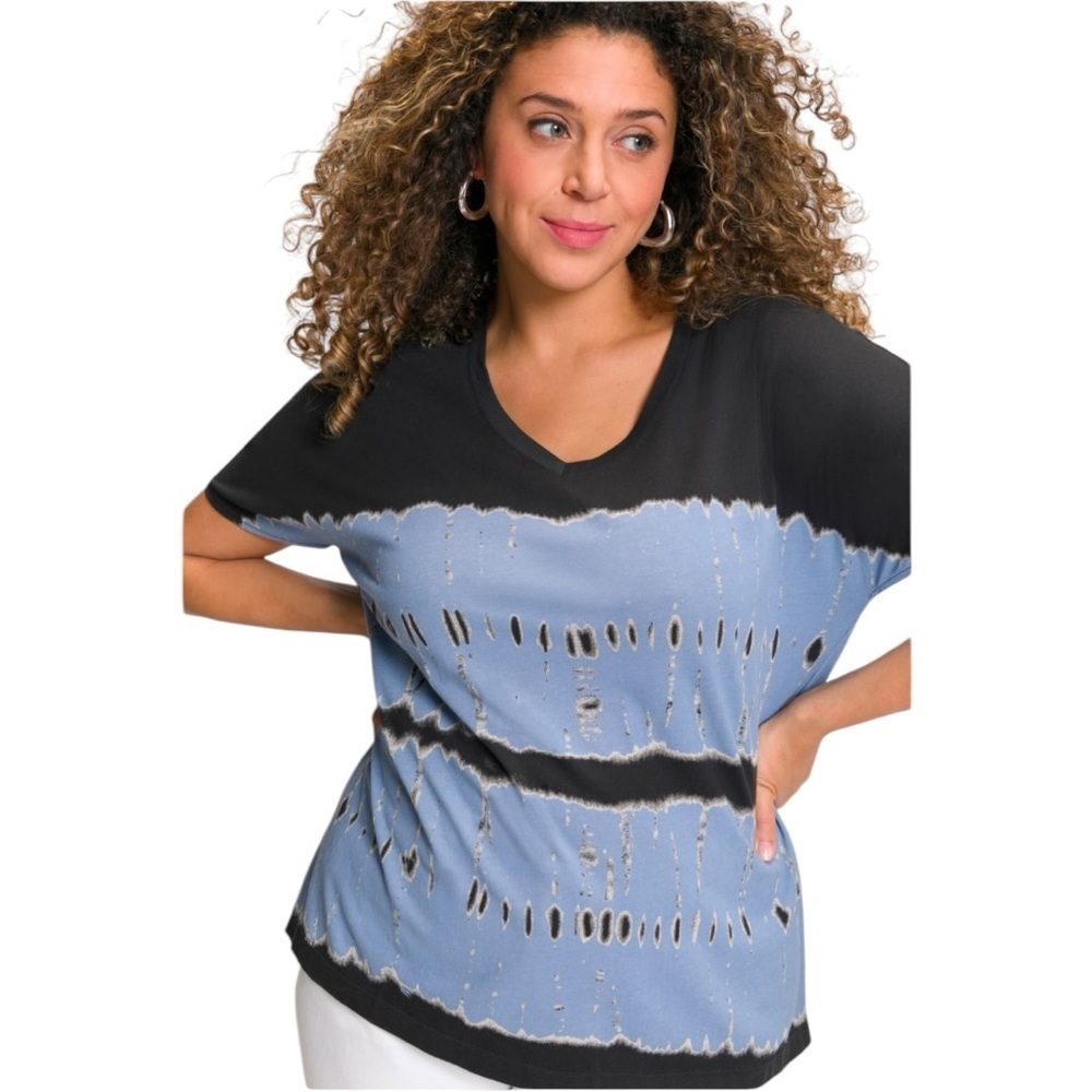 NWT Ulla Popken Blue Tie-Dye Oversized V-neck Cotton T-shirt - Size 24/26